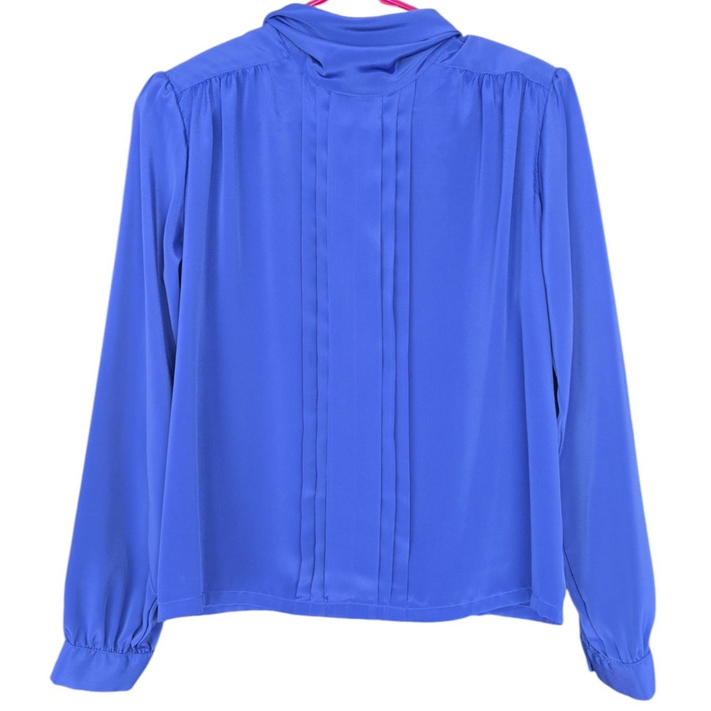 Vtg Petite Impressions Blouse Womens Sz 6 Blue Button Up Pleats Back Tie